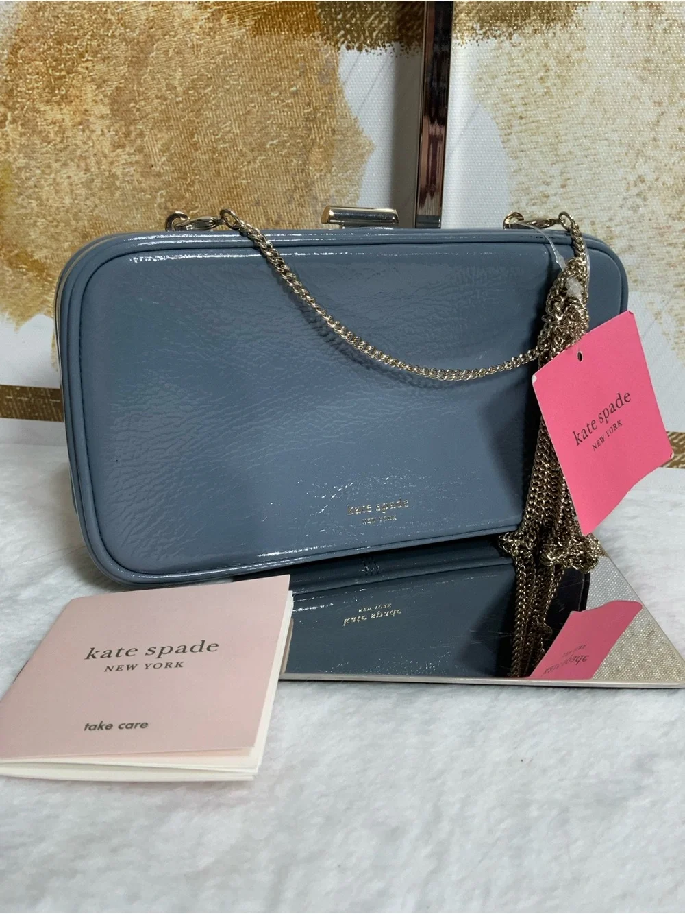 kate spade blue patent leather clutch with gold chain
